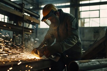 industrial worker using angle grinder and cutting metal pipe, protective clothing and helmets.