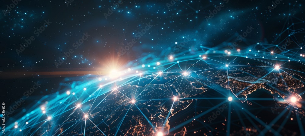 Poster a modern futuristic internet and technology concept that shows an image of a circular globe generati