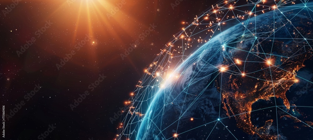 Poster image of space globe with connections and light generative ai