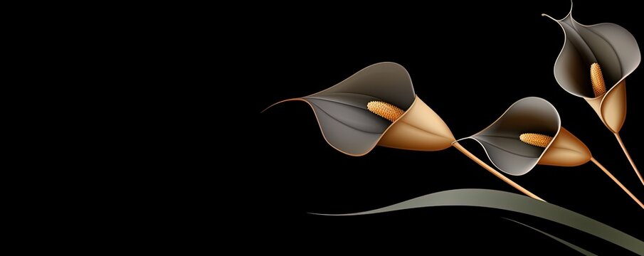 Deepest sympathy card with calla flower on black background. condolences on deaths. Funeral concept. copy space. digital ai art