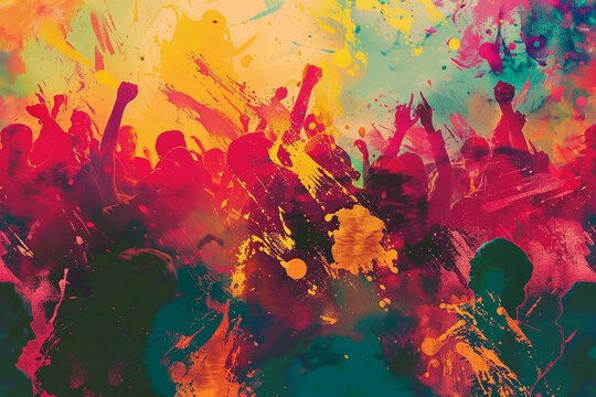 Craft a mottled background that reflects the vibrant and spirited atmosphere of a music festival, with a mix of bright colors and patterns 
