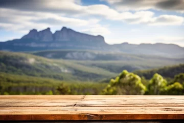 Fotobehang Cradle Mountain The empty wooden brown table top with blur background of Cradle mountain in Tasmania. Exuberant image. generative AI