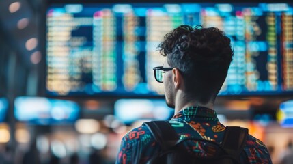 Back view of man travelle figure stands contemplating the departure board in the airport, poised on the cusp of a new journey.