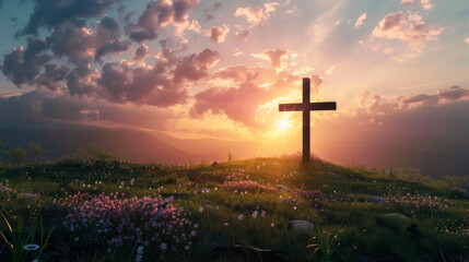 Wooden cross on a hill with sunset background - obrazy, fototapety, plakaty