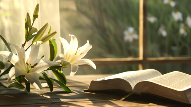 White lilies next to an open book on a wooden table