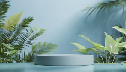 3D product podium; abstract modern 3d shape for products display; pastell blue; plants and beach...