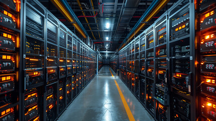 Bright lights shine down on sea of video cards and server rigs, as crypto mining production - obrazy, fototapety, plakaty