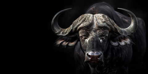 Naklejka premium Majestic African buffalo on black background