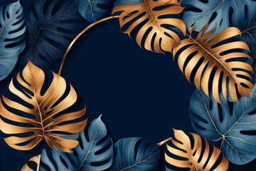 Watercolor dark blue tropical design with golden monstera leaves.