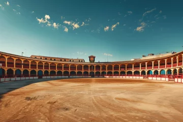Zelfklevend Fotobehang An empty round bullfight arena in Spain with a clock tower in the background. The traditional Spanish bullring stands silently, devoid of any audience or performers. © pham