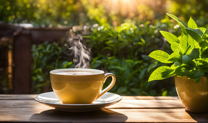 Steaming Cup of Tea in Early Morning