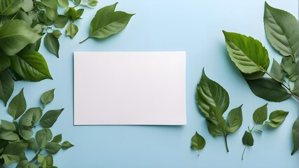 Mockup card religious greetings background sky blue table paper top greeting view stationery. Card blank postcard mockup gift mock flatlay design green leaves happy desk template composition - obrazy, fototapety, plakaty