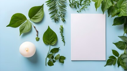 Mockup card religious greetings background sky blue table paper top greeting view stationery. Card blank postcard mockup gift mock flatlay design green leaves happy desk template composition