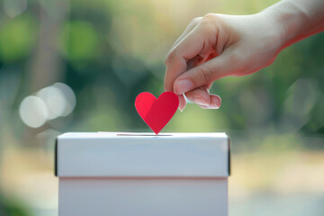 A female hand carefully inserts a red paper heart into the slot of a white donation box. The action symbolizes charity, donation, election, fundraising, help, love, and gratitude. - obrazy, fototapety, plakaty