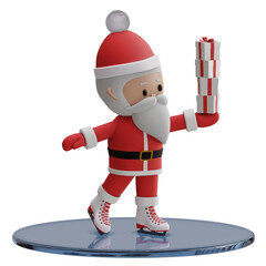Cute santa claus with gifts ice skating 3d rendered icon isolated
