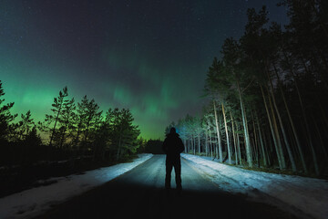 Night scene, nature of Estonia. Silhouette of a man with a flashlight on the road in forest with a...