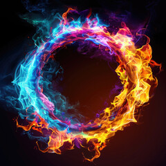Fire blazing ring engulfed in multi-colored fire and colored plasma. A fantastic illustration of magic portal, frame - obrazy, fototapety, plakaty