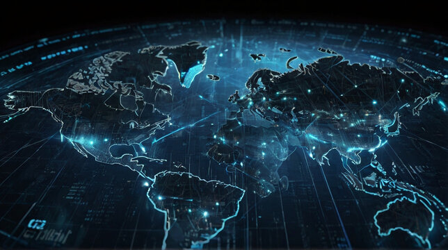 Abstract world map, concept of global network and connectivity, international data transfer and cyber technology, worldwide business, information exchange and telecommunication - Powered by Adobe