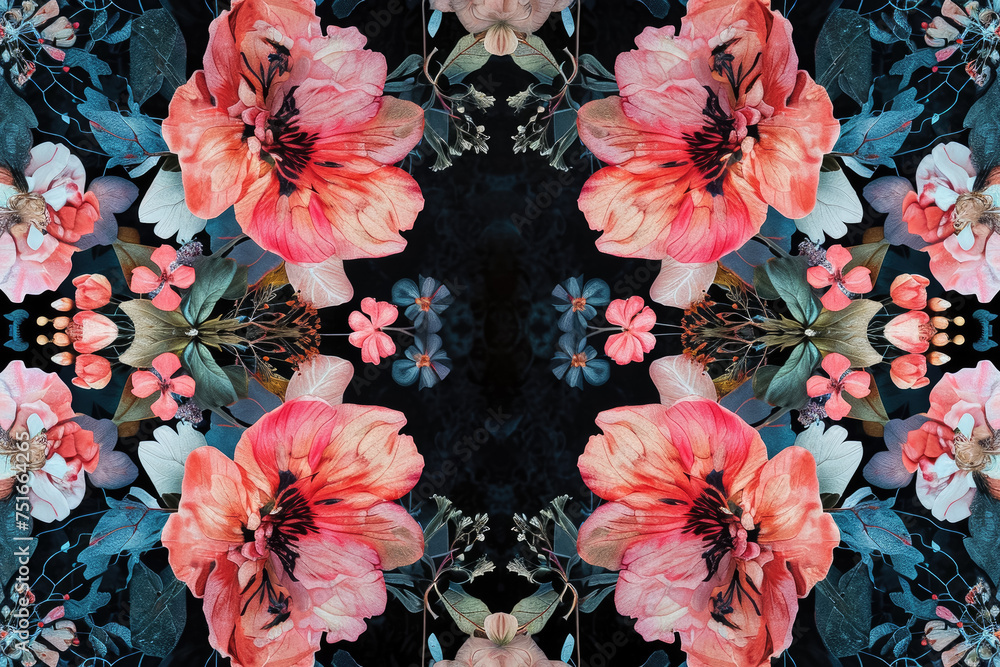 Poster create a symmetrical pattern of floral motifs, with delicate textures