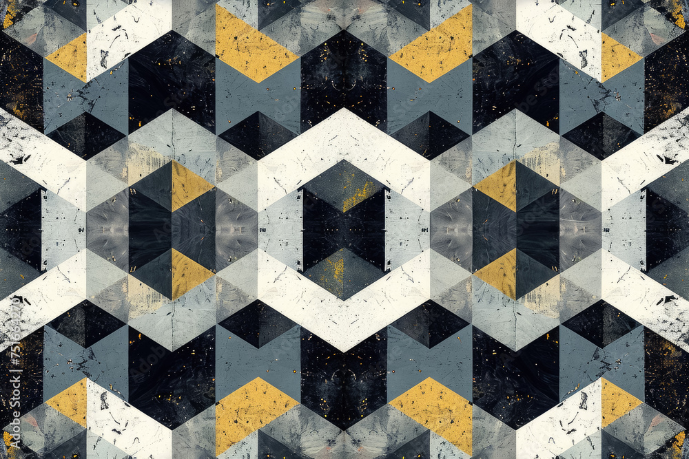 Poster create a symmetrical pattern of geometric shapes, with alternating textures.