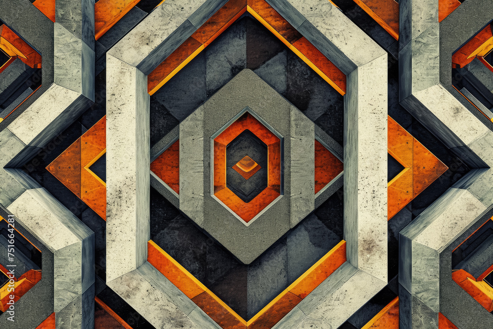 Poster create a symmetrical pattern of geometric shapes, with alternating textures.