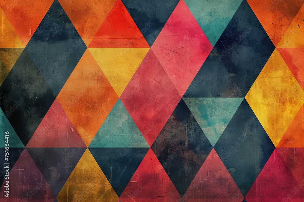 Poster create a vibrant and dynamic pattern of overlapping triangles.