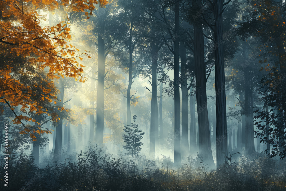 Poster design a mystical forest with towering trees and a foggy atmosphere