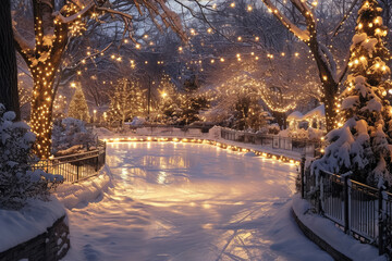 Create a winter wonderland with snow-covered trees and a glistening ice rink