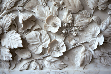 Design a relief sculpture inspired by nature, with intricate details of leaves and flowers