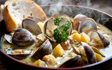 Capture the essence of Clam Chowder in a mouthwatering food photography shot - obrazy, fototapety, plakaty