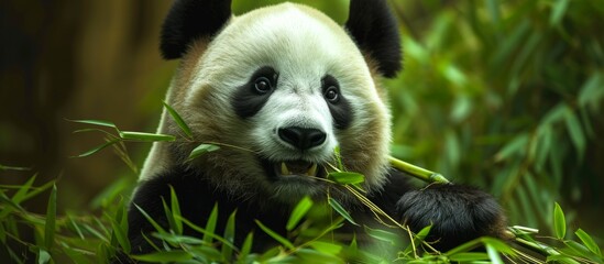 Adorable giant panda bear enjoying a fresh meal of green bamboo in its natural habitat