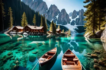 Foto op Plexiglas boats on the river, Glide into the breathtaking beauty of the Braies Lake (Pragser Wildsee) nestled amidst the majestic Dolomites mountains of Sudtirol, Italy © SANA