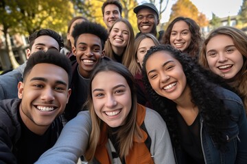 Fototapeta premium group of multicultural students gather together, taking a joyful selfie and flashing their radiant smiles,