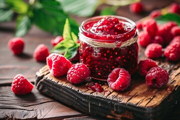 a jar of raspberry jam and raspberries