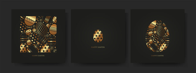 Easter card set in black and gold colors. Vector illustration