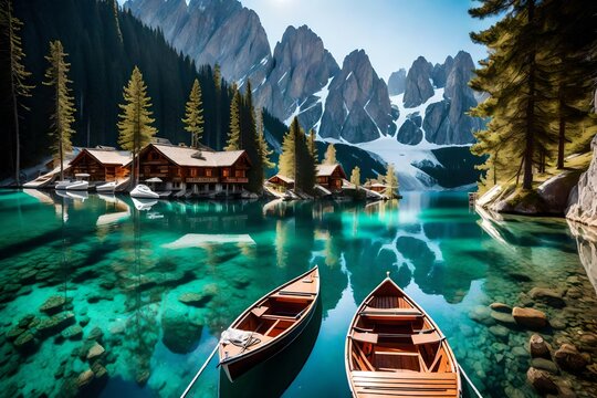 boats on the river, Glide into the breathtaking beauty of the Braies Lake (Pragser Wildsee) nestled amidst the majestic Dolomites mountains of Sudtirol, Italy