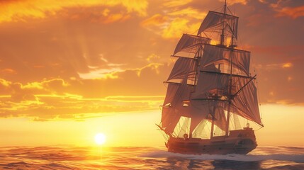 A hyper-realistic image of a tall ship sailing on the high seas at sunset, with its sails fully unfurled