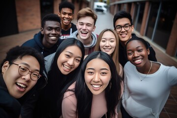 group of young people smiling together at camera Happy friends taking selfie pic, Ai generated