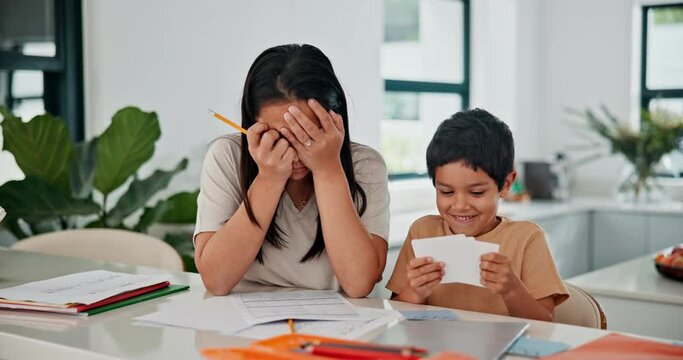 Mother, child and homework with frustrated stress for adhd distraction at desk or overwhelmed mom, discipline or school. Parent, son and paperwork project or autism concentration, unhappy or pressure