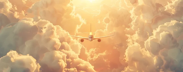 Fotobehang an airplane flying through a cloudy sky above the clouds at sunset with the sun peeking through the clouds and the plane in the foreground © Natawut