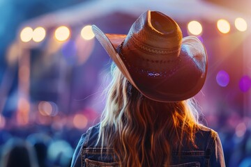 A woman dressed in a cowboy hat is seen enjoying a concert, surrounded by a crowd of people, under bright concert lights. - obrazy, fototapety, plakaty