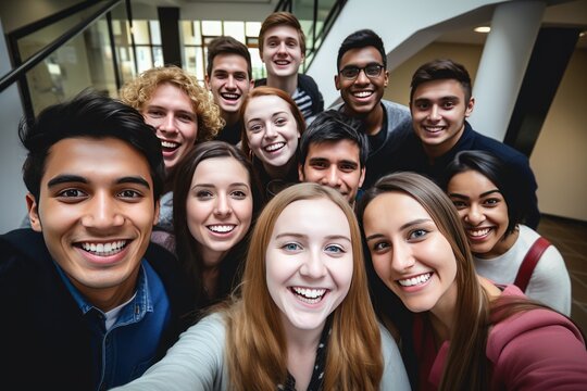 group of young people smiling together at camera Happy friends taking selfie pic, Ai generated