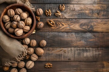Obraz na płótnie Canvas Walnuts laid out in a rustic vase or scattered on a wooden table emphasize their natural beauty. with copy space