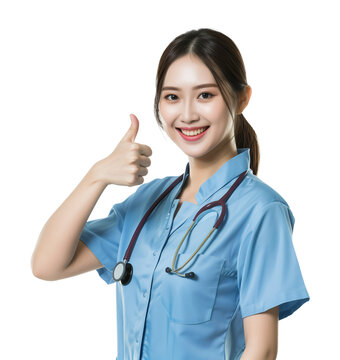 Beautiful Female Asian Nurse Thumbs Up Isolated on Transparent Background
