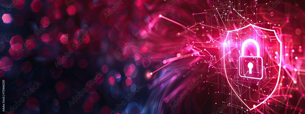 Poster data security technology and privacy specialist. abstract background of a padlock on shield with cop