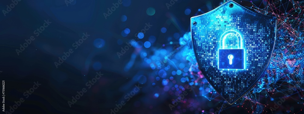 Poster data security technology and privacy specialist. abstract background of a padlock on shield with cop