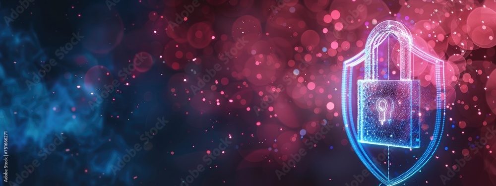 Poster data security technology and privacy specialist. abstract background of a padlock on shield with cop