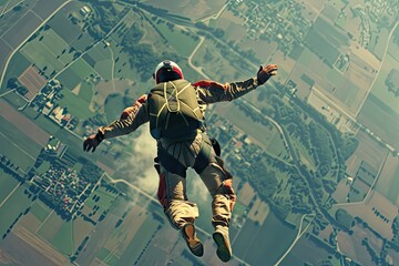 a man with a parachute above the ground. View from above. A skydiver flies over the countryside.