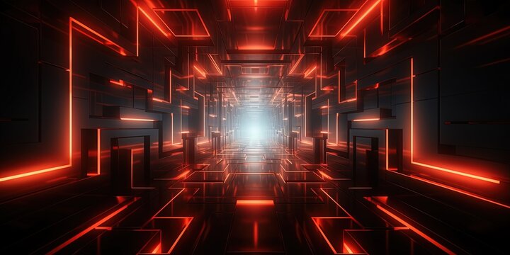 Breakthrough concept. Black maze like sci-fi style corridor or shaft background with red orange glow ahead. Abstract Exit or goal concept.