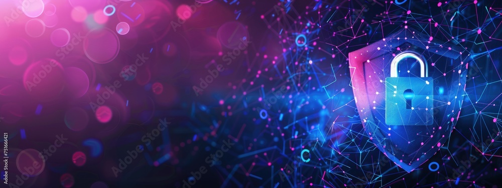 Poster data security technology and privacy specialist. abstract background of a padlock on shield with cop